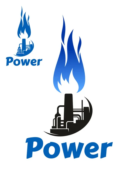 Fábrica de refinaria de petróleo e ícone de chama azul —  Vetores de Stock