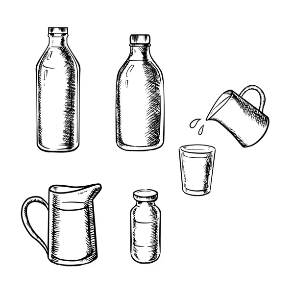 Бутылки, кувшины и стакан молока — стоковый вектор