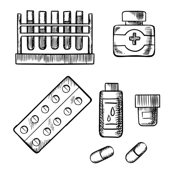 Reagenzgläser, Flaschen und Pillen-Skizze — Stockvektor