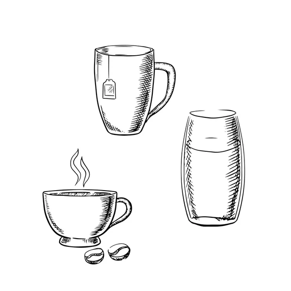 Cup of coffee, tea and glass of water sketches — Stok Vektör