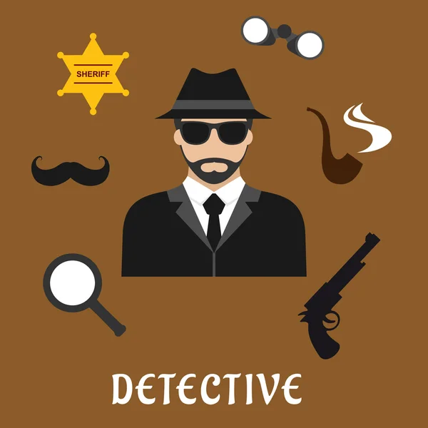 Detective y espía profesión iconos planos — Vector de stock