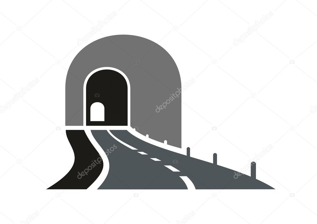 Dark gray road tunnel abstract icon with speedy highway leading to underpass entrance, isolated on white background. For transportation theme