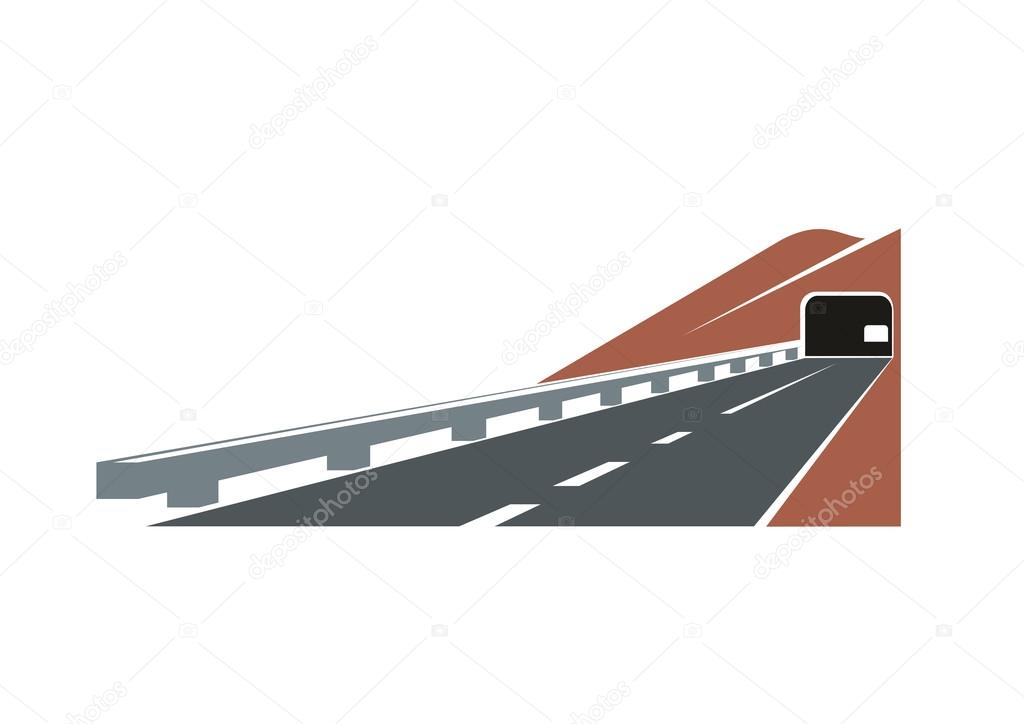 Mountain road tunnel leading through brown rocky hill with modern paved highway and concrete guardrail,  for travel design