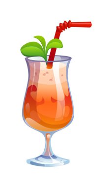 Lale bardağında kırmızı kamış, buz dokusu ve yeşil nane garnitürlü tropik kokteyl içeceği. Plaj partisi ve doğum günü için kırmızı meyve limonata kokteyli.