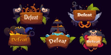 Korsan ve korsan oyun çerçeve simgelerini yok et, vektör UI elementleri. Çizgi film yanan korsan gemisi, çapraz kemikler bayrak ve tahta levhalı ve ateş kıvılcımlı şapka mağlubiyeti simgeleri.