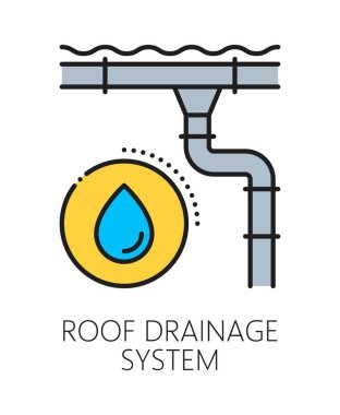 Ev çatısı drenaj sistemi kurulum hattı simgesi ya da işareti. Kır evi su yalıtımı onarım servisi ana hatları ikonu, ev dış yenileme vektör piktogramı. Özellik boşaltma sistemi bakım sembolü