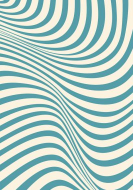 Mavi ve krem rengi dalgalı çizgileri olan psikedelik yiv vektör deseni retro deforme olmuş bir akış oluşturuyor. Yumuşak eğimli arkaplan baskılar, posterler veya eski kartlar için soyut bir optik etki yaratır