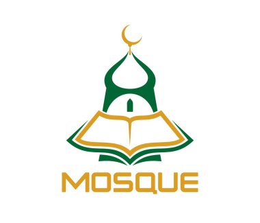 Ramazan Müslüman camiinin ruhani simgesi ya da sembolü. İslami Kuran okul tabelası, Arap camisi kütüphane vektör amblemi. İslam kültürünün simgesi veya sembolü Kuran 'ın kitabı ve hilal üzerine minare