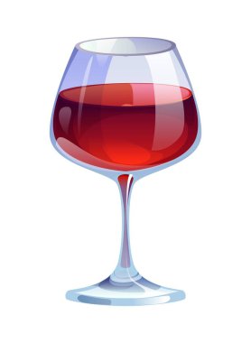 Çizgi film şarabı alkolü. Beyaz üzerine izole edilmiş koyu kırmızı sıvı şarap kadehi. Vektör içeceği bar menüsü, restoran grafikleri ve parti için koyu üzüm suyu tasarımına sahiptir