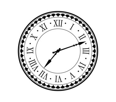 Romen rakamlarıyla çevrelenmiş, yarı daire şeklinde pullarla çerçevelenmiş vektör vintage saat yüzlü. Saatin desenli çemberin içinde uzun ince elleri var. Siyah antika saat.