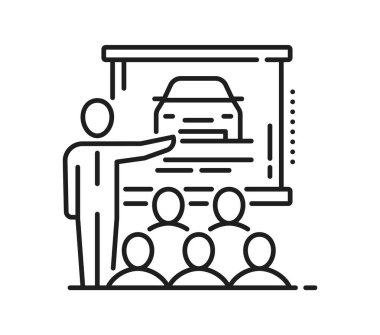 Sürücülerin araç kullanma eğitimi ikonu, vektör resim grafiği. Eğitmen ve stajyer öğrencilerin sürücü çizgisi simgesi. Araba sürme alıştırması ve sınavları için çalışıyorlar.