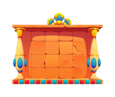 Antik Mısır oyun çerçevesi, çatallı kare bloklar, altın sütunlar ve mavi oval mücevherlerle oyulmuş antik Mısır taş tahtası. Kadim vektör çerçevesi üzerinde mücevher tacını içerir