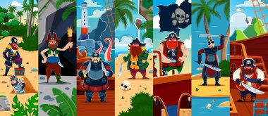 Tropikal ada ve gemi enkazındaki Karayip korsan ve korsan çizgi film karakterleri. Kılıçlı korsanlar, hazine avcıları, kancalı denizciler, şapkalı kaptan, tahta bacak ve hazine sandığı.