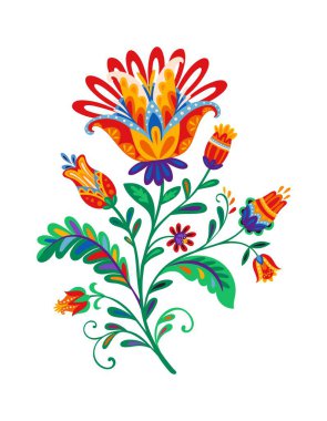 Portakal renkli yaprakları ve tomurcukları olan Meksika kökenli grafik çiçek objesi. Latin halk bitkisi dekoru, Latin Amerika etnik doğa vektör unsuru. Meksika kültürü renkli çiçek dekorasyonu