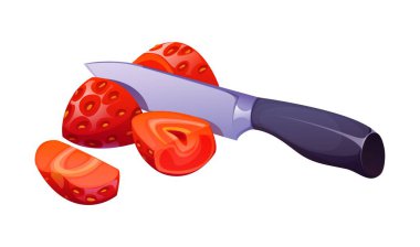 Karikatür çileği bıçakla dilimleniyor, içinde olgun sulu et ve parlak bıçak sapı var, yemek pişirme sürecini temsil ediyor. Mutfak gereçleri ve taze böğürtlenlerden yemek tarifi