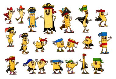 Kaptan siyah şapka ve bandana takan komik İtalyan makarna karakterleri. Vektör retro harika makarna yemek korsanları ve korsan, mutlu rigatoni, lazanya ve fusilli makarna şekilleri.