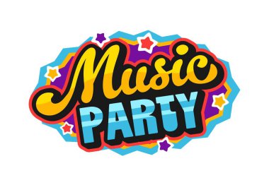 Müzik partisi Y2K stiovy sticker ya da tag. Müzikal ses funky vektör yaması, müzik stiovy sticker. Festival konseri melodisi Y2K etiket veya yıldızlı radyo ses kayıt etiketi ve el yazısıyla tipografi