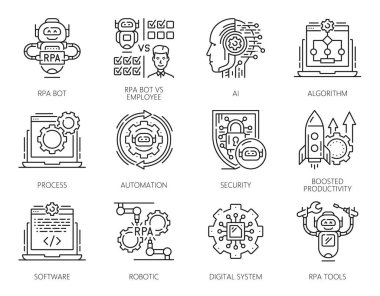 Robot işlem otomasyonunun RPA simgeleri, yapay zeka, iş ve endüstri teknolojileri. Vektör hattı RPA botları, yapay zeka mühendisi, dijital veri ve SEO yazılım simgeleri ayarlandı