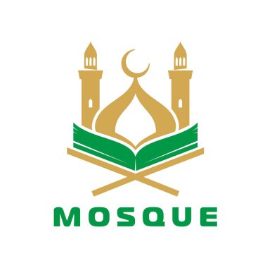 Üzerinde minareler ve hilal bulunan yeşil ve altın cami binalarının bulunduğu Müslüman Ramazan Arap camisi simgesi İslam kültürünü simgeliyor. Geleneksel dini şenlikler için vektör amblemi