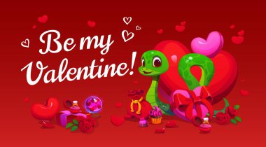 Güllerle, kalplerle, hediyelerle, çikolatalarla, nişan yüzükleriyle ve kırmızı arka planda keklerle çevrili güler yüzlü yeşil yılanlı sevgililer günü tebrik kartım ol.