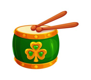 İrlanda bayramı müzik enstrümanı karikatür vektörü davulunun Aziz Patrick günü sembolü. Mutlu Aziz Patrick günü festivali ve Celtic davulunun altın yonca folyolu ve bagetleriyle İrlanda bayramı sembolü