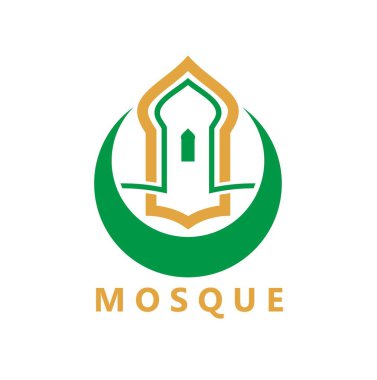 Müslüman Ramazan Arap camisi simgesi. Hilal şeklindeki minarenin yer aldığı vektör altın ve yeşil amblem, geleneksel İslam mimarisi, dini, kültür ve Müslüman bayramını simgeliyor.