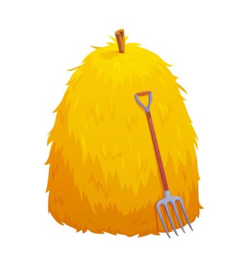 Üzerinde tahta bir sopa ve üzerine yaslanmış bir yaba olan parlak sarı saman yığını çizgi filmi. İzole vektör saman yığını, kırsal tarım elementi hasat, tarım ve kırsal yaşamı sembolize eder