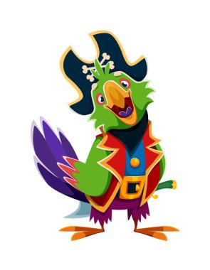 Karikatür, papağan, korsan, kaptan vektör karakter. Corsair kuşu, kırmızı palto ve altın kemerle birlikte lacivert tricorn şapka giyer. Açık denizlerdeki denizcilik maceralarına hazır komik bir denizci.