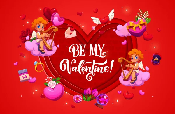 Kağıt kesiği, içinde tatil karakterleri ve hediyeler olan sevgililer günü kartı şeklinde bir tebrik kartı. Çizgi film vektörü. Sevgililer Günü aşkım ol. Aşk melekleri ile selamlaş. Pembe bulutlar üzerinde arplar, kağıt kesiği kalp.