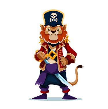 Çizgi filmdeki vahşi aslan korsan vektör karakteri kalın yeleli, keskin hatlı ve kendinden emin bir ifadeye sahiptir. Vektör kabadayı hayvan kişiliği uzun siyah bir şapka ve kafatası takıyor ve pençesinde bir kılıç tutuyor.