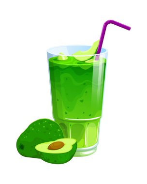 Sağlıklı yeşil vejetaryen meyve suyu. Çizgi film vektörü cam, kremalı zümrüt smoothie ve yüzeyde yüzen avokado parçalarıyla dolu. Detoks programı, sağlıklı sebze besin içeceği
