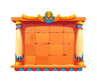 Eski Mısır oyun çerçevesi, sütunlu antik Mısır taş tahtası, dekoratif fayanslar ve firavun amblemi. Macera veya bulmaca oyunlarında vektör ui oyun menüsü, lider tahtası veya seviye seçimi