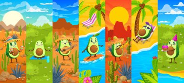 Çizgi film karakteri Meksika avokado vektör karakterleri gitar ve trompet çalıyorlar, bir iskemlede dinleniyorlar ve bir pasta tutuyorlar, marakalarla dans ediyorlar, meditasyon yapıyorlar, sörf yapıyorlar ve avokado doğumgünlerini kutluyorlar.