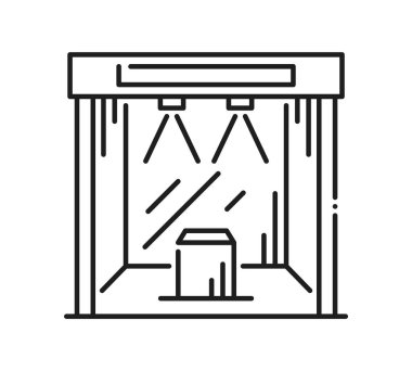 Ticaret fuarı reklam sergisi büfe satırı simgesi ya da pictogram. Perakende sergisi kiosk ince çizgi pictogram, tanıtım ışık kutusu doğrusal vektör işareti. Adil reklam standı ana hatları simgesi