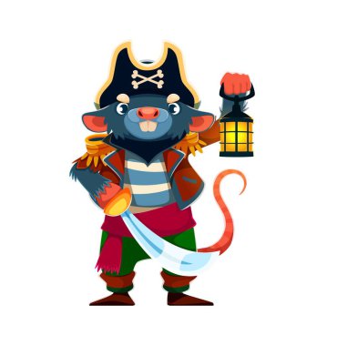 Kavisli bir kılıç ve pençelerinde parlayan bir fenerle duran sıçan hayvan korsan vektör karakteri. Corsair çizgi filminde kafatası, çizgili gömleği ve kahverengi ceketi olan bir şapka giyer.