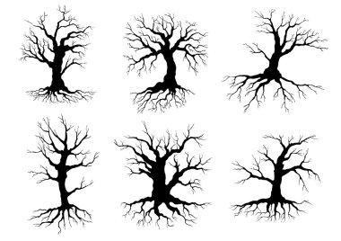 Old tree icons silhouettes with roots