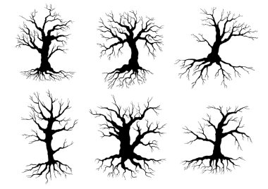 Old tree icons silhouettes with roots clipart