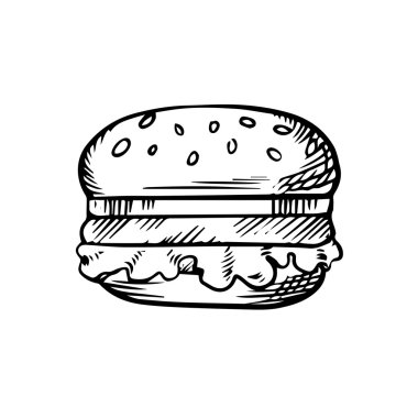 Black and white sketch of a hamburger