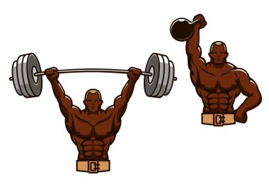 Cartoon muscular man lifting heavy weights