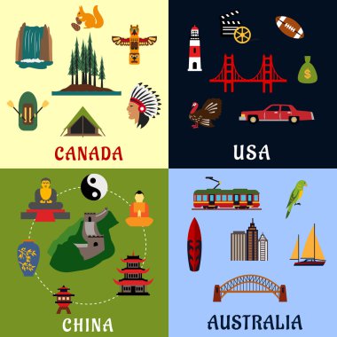 USA, Canada, China, Australia travel icons
