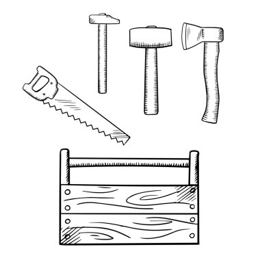 Sketches of toolbox and carpentry tools