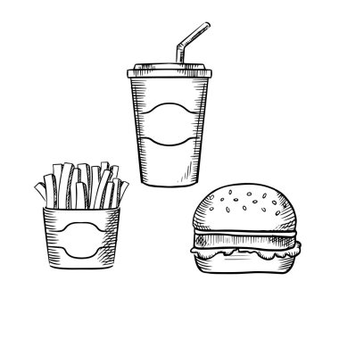 Hamburger, french fries and soda cup