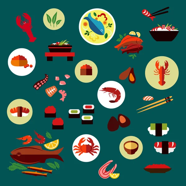 Meeresfrüchte und Delikatessen flache Symbole — Stockvektor