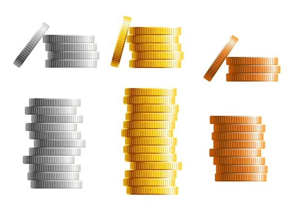 Stacks of gold, silver and bronze coins — Stockvector