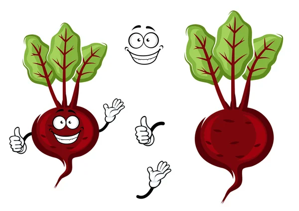 Happy little cartoon beetroot with green leaves - Stok Vektor