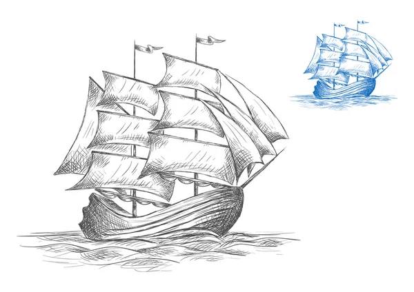 Skizze eines Segelschiffs unter vollen Segeln — Stockvektor