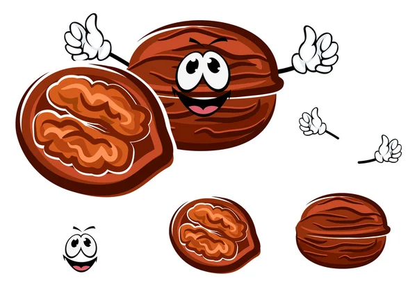 Happy brown cartoon walnut character — Stock Vector