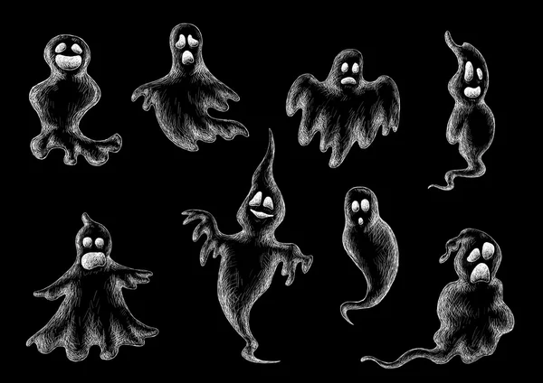 Halloween flying ghost sketches on black — 图库矢量图片