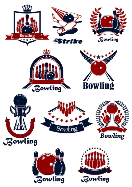 Bowling sporting club emblems with items — Διανυσματικό Αρχείο