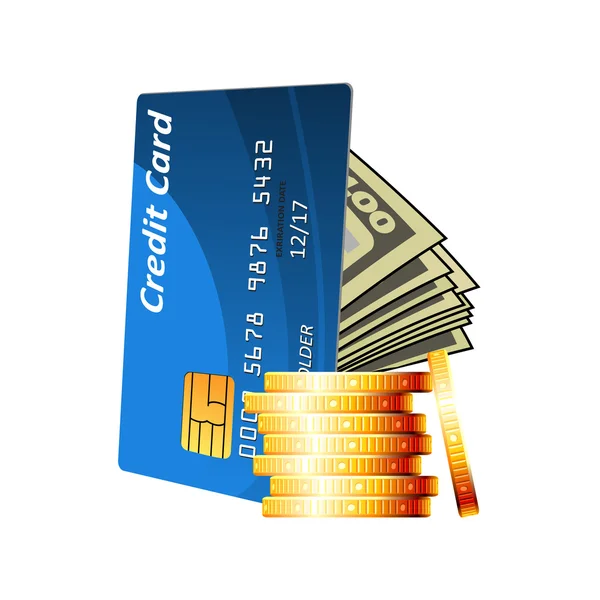Cartão de crédito com dinheiro e moedas de ouro —  Vetores de Stock